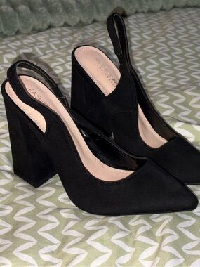 Fashion Nova Black Suede Pointed Slingback Block Heels
